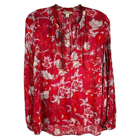 Lucky Brand XS Top Red Floral Long‎ Sleeve V Neck Pullover Tassels Boho 945 - Picture 1 of 9